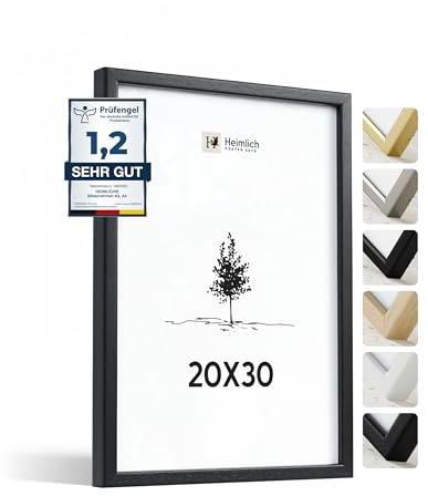Heimlich® – Bilderrahmen – 20x30 cm, Ayous-Holz, Schwarz – Kleiner Urkundenrahmen mit Kunststoffabdeckung – Wandmontage oder Tischaufsteller