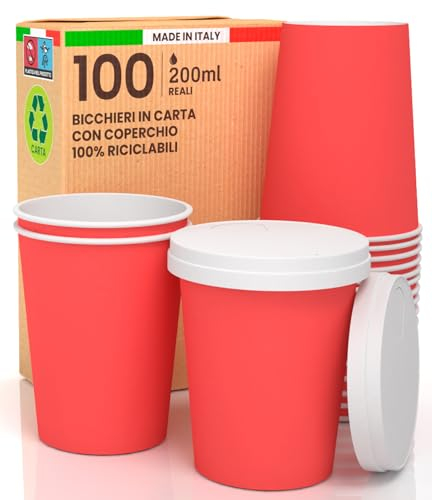 100 vasos de café de papel rojo de 200 ml con tapa – Bebidas calientes y frías ecológicas biodegradables – Tazas desechables de colores + 100 tapas con boquilla