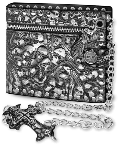 Girinme Geldbörse mit Lederkette, Totenkopf, Gothic, Punk, Bifold, Halloween, Gothic, Gothic, Unisex, Schwarz, Dunkelgrau Schwarz, 0001