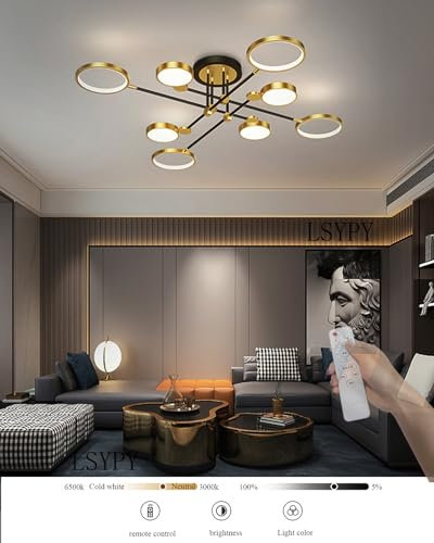 LSYPY LED Deckenleuchte Wohnzimmer, Deckenlampe Dimmbar Schlafzimmerlampe Gold mit Fernbedienung Modern Wohnzimmerlampe für Schlafzimmer Esszimmer Küche Flur Kinderzimmer (Gold, L126CM)