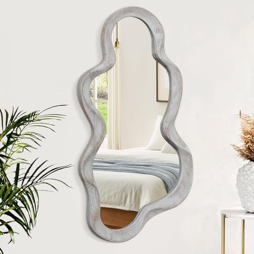 Lzuso Unregelmäßiger Wolke Wandspiegel Asymmetrischer Spiegel Moderner Holzrahmen Einzigartige Form Wand befestigte Künstlerische Spiegel Dekor für Wohnzimmer Schlafzimmer Badezimmer Flur Große Grau