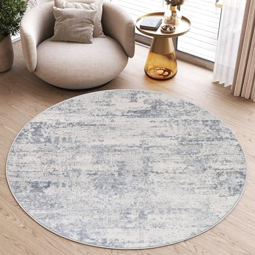 TAPISO Sky Rund Teppich Kurzflor Modern Creme Blau Grau Meliert Design Vintage Wohnzimmer Schlafzimmer Patchwork 3D Optik ÖKOTEX 200 x 200 cm