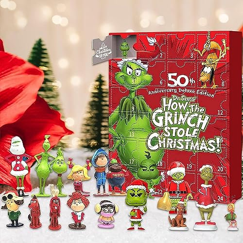 FGKDNCJQ Weihnachts-Grinchs-Adventskalender 2023, Weihnachts-Countdown-Kalender, 24-Tage-Weihnachts-Adventskalender, 24-Teilige Süße Cartoon-Elfenfiguren, Puppe, Weihnachtsstrumpf, Geschenkidee/a