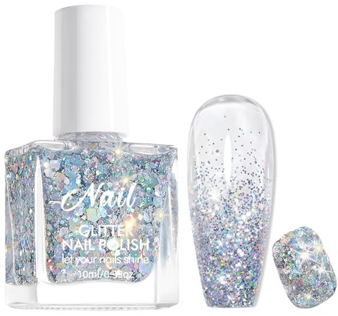 Glitter Nail Polish Flash Laser Sequins, Long Lasting & Quick Drying Varnish, Non-Toxic No Need Baking for DIY Nail Art Home (Laser Light Gray, 10ML)