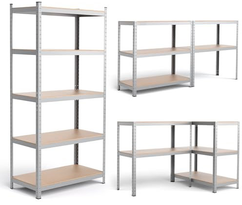 COSTWAY Lagerregal Schwerlastregal, Steckregal Metallregal 5 Ebenen, Werkstattregal 180,5x90x40,5cm, Garagenregal Kellerregal Blau, Aktenregal (Silber)