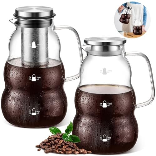 Kritkin 2 Pack Cold Brew Coffee Maker 64 oz Glass Iced Coffee Maker with Stainless Steel Lid and Removable Filter Cold Brew Storage Pitcher Tea Infuser Coffee Carafe Iced Tea Container for Home Office