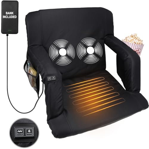 Heated Stadium Seat for Bleachers 21 Inch - Massage Seats with 10000mAh, Bleacher Chairs Back Support Cushion, 3 Levels of Heat&Massage, 6 Reclining Positions, Folding Chair Outdoor Sports