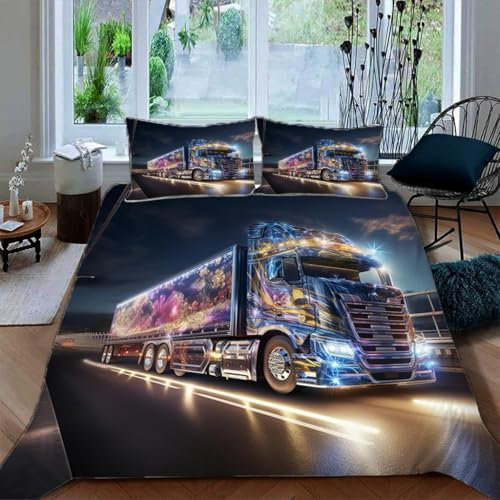 Ruiqieor Bettwäsche 135x200cm,Blendender LKW Motiv 3D Gedruckter Bettbezug Set Für Kinder Mädchen Jungen Weich Microfaser Bettwäsche 3 Teilig（#2）
