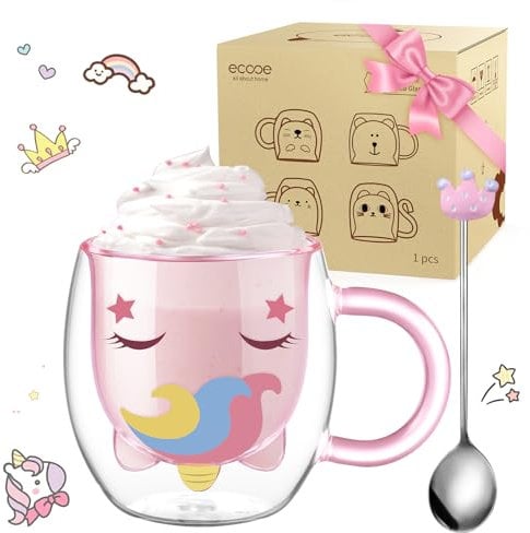ecooe Doppelwandige Süße Einhorn Latte Macchiato Gläser Kaffeetasse 280 ml Kaffeeglas Teegläser für Cappuccino, Latte Macchiato,Tee, Milch, Geburtstag Valentinstag für Frauen Männer Kinder