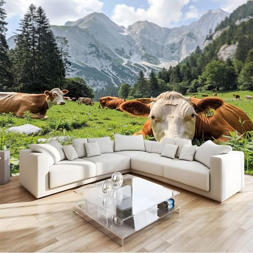 Fototapete 3D Effekt Tier Kuh Wiese Tapeten Vliestapete Wandtapete Moderne Design Wand Wandbild Schlafzimmer Wohnzimmer Flur Wanddeko 300 x 210 cm