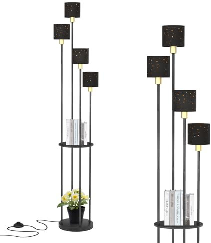 YU YUSING Stehlampe Wohnzimmer, 4-Flammige Stehleuchte mit Regal, Modern Standleuchte mit E14 Fassung, Lampenschirm Fußschalter, Innenbeleuchtung für Whonzimmer Schlafzimmer Büro, 1.6m Schwarz