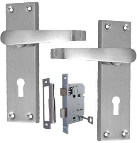 Victorian Straight Lock Handles - Satin Nickel Door Handles, Back Plate, 118 x 42mm, Multipack (1 Pair + 3 Lever Mortice Sash Lock)