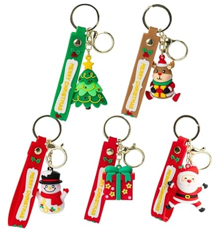 ZukqrymluvIQ Porte-clés de Noël CarKey, multicolore, modéré Lot de 5 porte-clés de Noël en 3D : Père Noël, bonhomme de neige, sapin, renne et cadeau - Idées cadeaux pour la famille