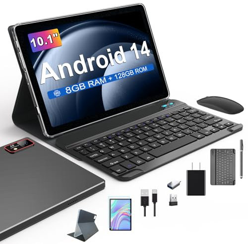 Android 14 Tablet 10 Zoll, 2025 Newest Tablet PC mit 5G WiFi | 8GB RAM+128GB ROM (TF1 TB) | Octa-Core | 1280*800 | GMS丨7000mAh丨13MP+8MP丨BT 5.0 | Face ID丨Tablets mit Tastatur Maus Stift Hülle, Schwarz