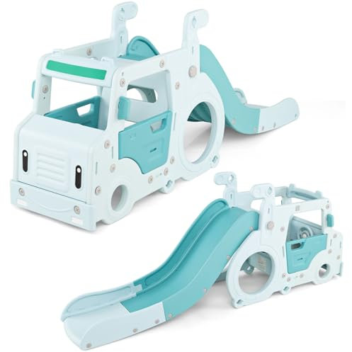 HOMASIS 3 in 1 Kinderrutsche Indoor & Outdoor, Kinder Freistehende Rutsche mit Auto & Tunnel, Kinder Spielplatz mit Lenkrad & Hupe, Baby Gartenrutsche für Kinder ab 18 Monaten, Babyrutsche Blau