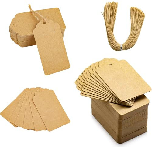 192 Stück Kraftpapier Anhänger Etiketten Geschenkanhänger 9.5x4.5 cm mit Jute Schnur, Braun Kärtchen zum Beschriften, Anhänger Papier mit Schnur, Kraftpapier Etiketten für Hochzeit Geschenk, Handmade