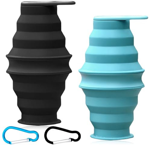 2 Stück Faltbare Trinkflasche 500ML, Silikon Reise Faltflasche mit 2 Karabiner, Tragbare Wasserflasche Faltbar, Sportflasche Silikon Lecksichere BPA-Frei für Wandern Camping Laufen Sport(Schwarz Blau)