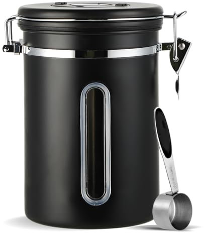 Bote de Café Hermético de acero inoxidable 1,8L Recipiente Café Hermético con ventana transparente indicador de fecha y dosificador para almacenar granos de café té nueces cacao etc(Negro)