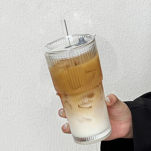 Glasbeche mit Deckel und Strohhalm, 600ml Trinkbecher, Kaffeegläser, Biergläser, Travel Mug, Glas Smoothie Becher, Auslaufsicher Design, für Kaffee, Cocktails, Tee, 1 Stück