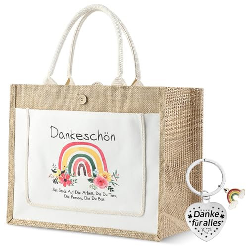 Dzmuero Jutebeutel Personalisiert, Einkaufstasche, Danke Geschenk Jute Einkaufstasche mit Schlüsselanhänger, Personalisiertes Geschenk für Erzieher, Einkaufstasche als Dankeschön für Kollegen (C)