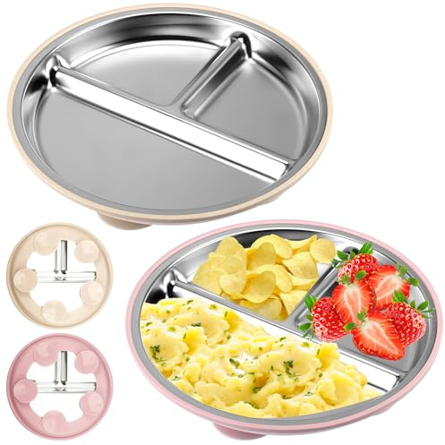 WUISOLQP - Plato de ventosa para bebé, 2 piezas, con funda de silicona extraíble, sin BPA, compartimento para niños, platos de acero inoxidable