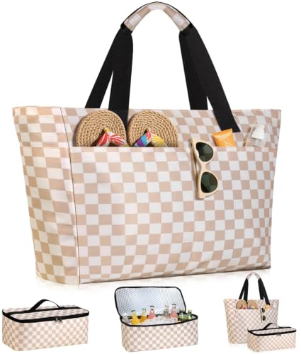 ISEYOU Strandtasche XXL Familie mit Kühltasche, Groß Strandtasche mit Reißverschluss Wasserdicht Sanddicht, Handtasche Damen 49L, Faltbar Badetasche für Reisen Fitnessstudio Picknick