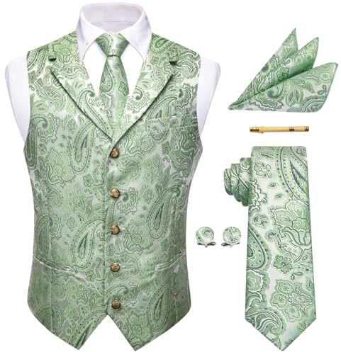 YourTies Gilet pour homme en soie jacquard à motifs floraux et cachemire avec cravate, pochette de costume, boutons de manchette et pince à cravate Idéal pour mariage, vert sauge, L