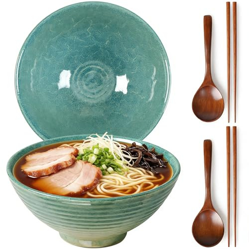 Zhonleemy Ceramic Ramen Bowl Set of 2 Large Salad Soup Ramen Serving Bowls | 2 large ceramic noodle bowls, 8-inch 40oz, Microwave, includes spoons & chopsticks, for ramen, soup, salad, pasta