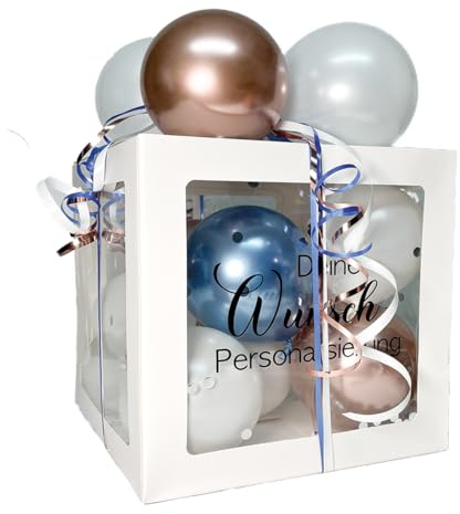 Personalisierte Ballonbox Weiß XL (30 × 30 × 30 cm) – Geschenkbox mit Ballons in Wunschfarbe & Namensaufkleber – DIY Set für Geburtstag, Hochzeit oder Baby (Saphir • Roségold • Weiß)