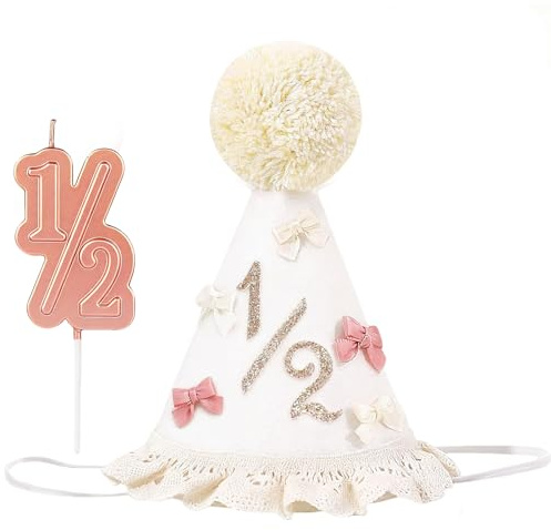Yalucky 1/2 Geburtstag Partyhut Kinder 6 Monate Geburtstagsdekorationen Babyparty-Hüte Halbgeburtstagskrone Outfit-Dekorationen geburtstagshut mit Spitze und Schleife