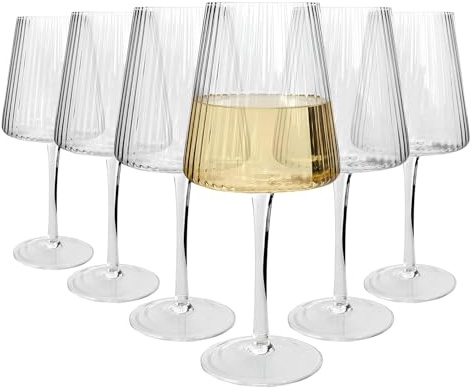 Argon Tableware Chelsea Optic Crystal White Wine Glasses 480ml - Pack of 6, Lead-Free Crystal Wine Glass Set, Art Deco Design with Optic Detail, Tulip Bowl, Gift Boxed Glassware