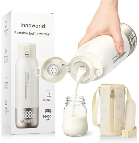 Tragbarer Flaschenwärmer Baby Unterwegs, 600ml Babyflaschenwärmer für Muttermilch & Pre-Nahrung mit Schnellaufheizung, 10400mAh Akku und USB C-Laden, Ideal für Auto, Reisen & Flugzeug