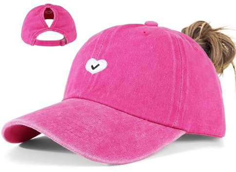 HeyCaps New Damen Baseball Cap mit Herzstickerei aus Baumwolle Sommer Kappe mit Zopfloch Sonnenschutz Verstellbar Freizeit Hut Outdoor
