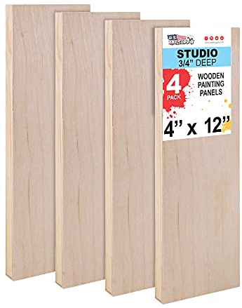 U.S. Art Supply 4 x 12 Birch Wood Paint Pouring Panel Boards, Studio 3/4 Deep Cradle (Pack of 4) - Artist Wooden Wall Canvases - Painting Mixed-Media Craft, Acrylic, Oil, Watercolor, Encaustic