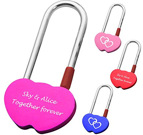 Personalised Engraved Bridge Long Shackle Padlock Double Heart Shape 4 Color Lock Wedding Anniversary Birthday Mothers Day (Purple)