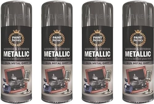 HLU 4 x 400ml Metallic Gun Metal Grey Spray Paint Interior & Exterior Spray Brilliant Gloss Finish Quick Drying