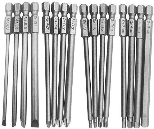 Bestgle 16pcs Longs 6.35mm Hex Tige Tournevis Magnétiques Embouts Plat + Croix + Torx + Hex Ensemble Jeu de Forets Pour Tournevis en Acier Allié S2 100mm de longueur