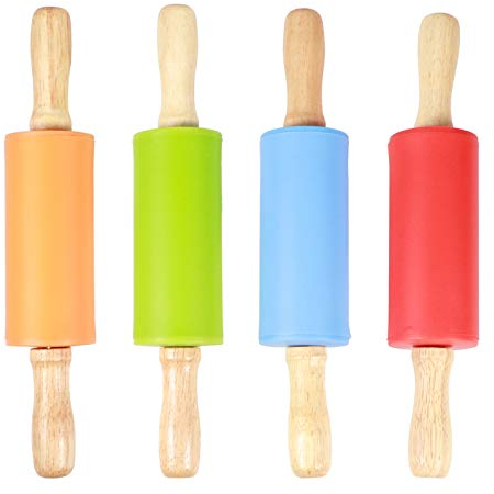 BLLBOO Mini Rodillo de Silicona, 4 Piezas de Rodillos para Niños Mango de Madera Mini Rodillo Antiadherente Herramienta para Hornear para Niños para La Cocina Casera