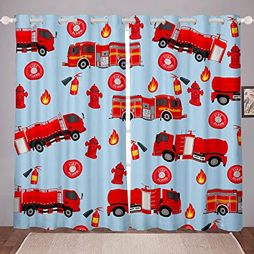 Loussiesd Kinderauto Fenstervorhang 245x140cm Jungen Feuerwehr Blickdichte Vorhänge Rotes Feuerwehrauto Fahrzeug Muster Vorhänge für M?dchen Kinder Jugendliche Schlafzimmer Dekor