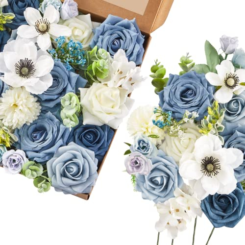 Serwalin Fiori artificiali per torta bouquet da sposa centrotavola per il giorno del Ringraziamento Peonia Rose Fiori di nozze Combo Fiori finti Boho per la (Blu Polveroso Bianco)