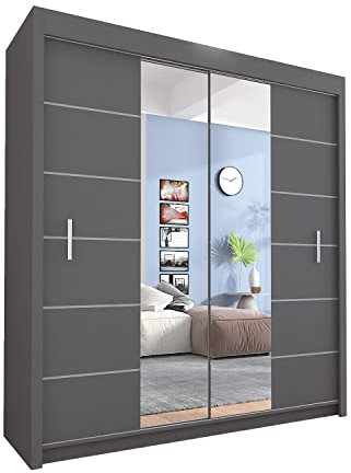 INTERWOOD Modern sliding door wardrobe for bedroom 150cm/180cm/203cm (Grey, 203cm)