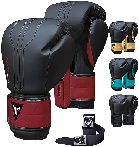 Mytra Fusion Boxhandschuhe Im Lieferumfang von Free Hand Wraps enthalten Box Handschuhe MMA Training Muay Thai Handschuhe Männer & Damen Kickbox Handschuhe (Black/Maroon, 14-oz)