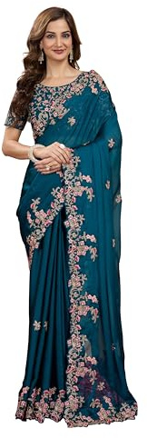 TRENDMALLS Women's Crape Silk Heavy Embroidred Saree with Unstitched Blouse Piece