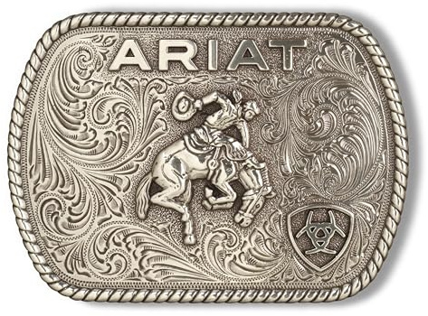 ARIAT Men's Rectangle Buckle with Raised Vintage Saddle Bronc Motif, Floral Engraved, Rope Edge, Antique Silver Finish, 3-1/2 x 2-1/2