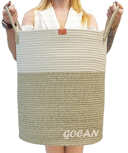 GOCAN große hohe robuste Wäsche Hamper Korb Gewebte Aufbewahrungskörbe für Kleidung Kissen Decke Spielzeug in Wohn- oder Schlafzimmer Dekoration H50XT38cm braun/beige