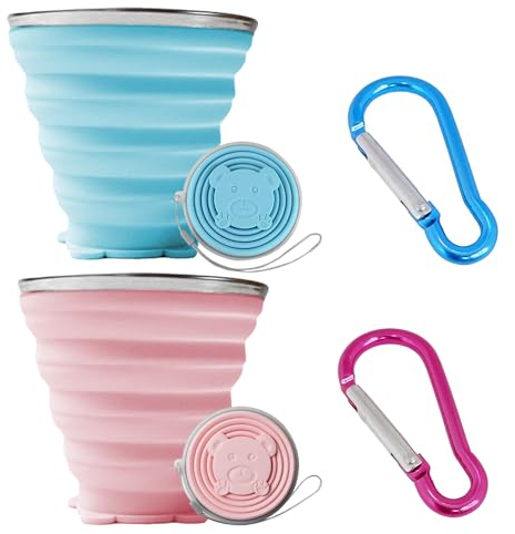 JTMKYO 2 bouteilles d'eau pliables avec cordon, 2 mousquetons, tasse de voyage, tasse portable pour enfants, bouteille d'eau pliable en silicone, convient pour les voyages et les sports de plein air.