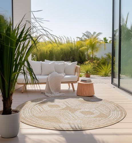 Elle Decoration In und Outdoor Teppich Rund – Wendeteppich Wetterfest & Wasserfest - Modernes Boho Ethno Muster Runder Outdoorteppich für Garten, Balkon, Terrasse, Wohnzimmer – Ocker, 100cm