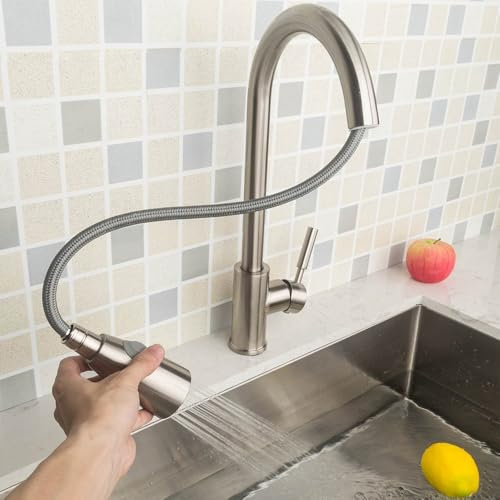 Kitchen Sink Taps - Sarlai Pull Down Mixer Tap 360 Swivel Spout Single Lever Pull Out Sprayer Brushed Stainless Steel Kitchen Sink