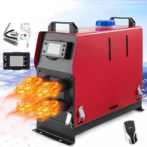 FlyFree 5KW-8KW 12V Air Diesel Vehicle Heater Set - 4 Holes Fast Heating with LCD Display - For Truck, Boat, Motorhomes, Touring Car, Campervans, Caravans (Red-Black)
