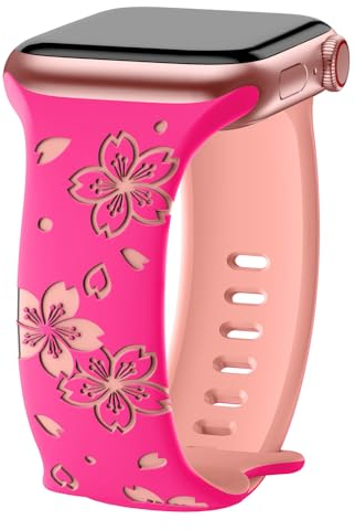 AMSKY Flower Band Kompatibel mit Apple Watch Armband 40mm 46mm 41mm 38mm 42mm 45mm 44mm Damen, Graviert Silikon Armbänder mit Blumen Floral Muster Kompatibel mit iWatch Armband Se 10 9 8 7 6 5 4 3 2 1